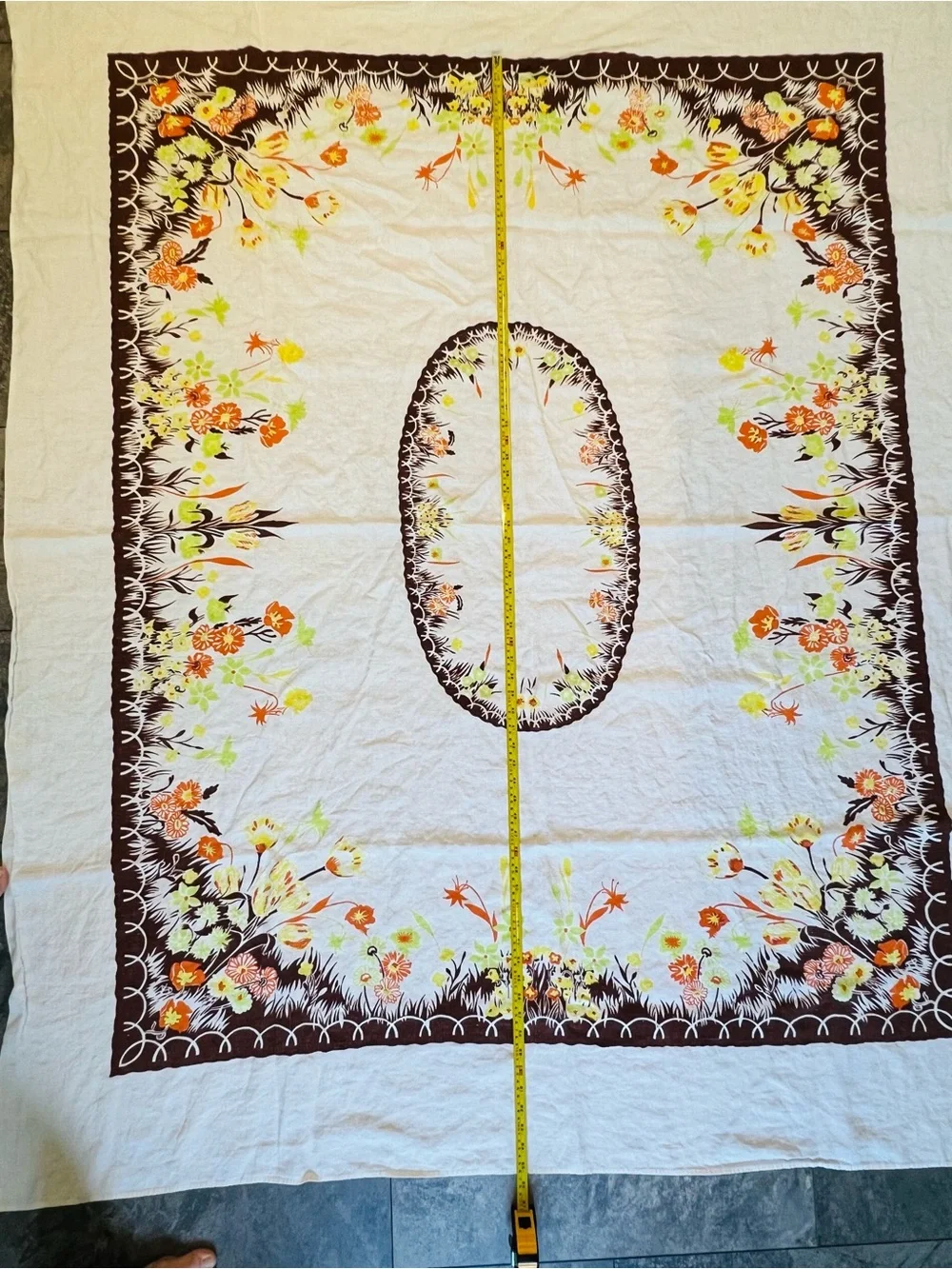 Vintage picnic Cotton blend Floral Border tablecloth in Cream Brown & oranges
